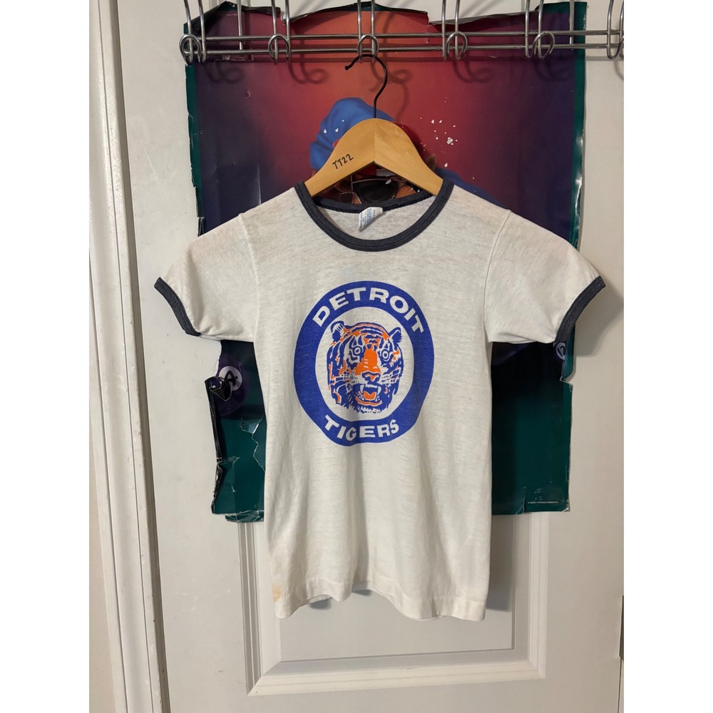Vintage Detroit Tigers Champion Ringer T-Shirt White Blue S 6-8 MLB Baseball